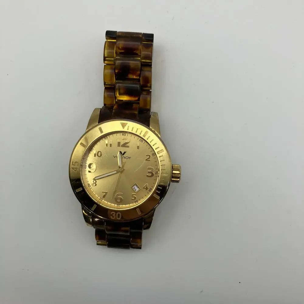 Viceroy Quartz Watch Gold Tone Tortoise Shell Band 30M Water Resistant Date Dial
